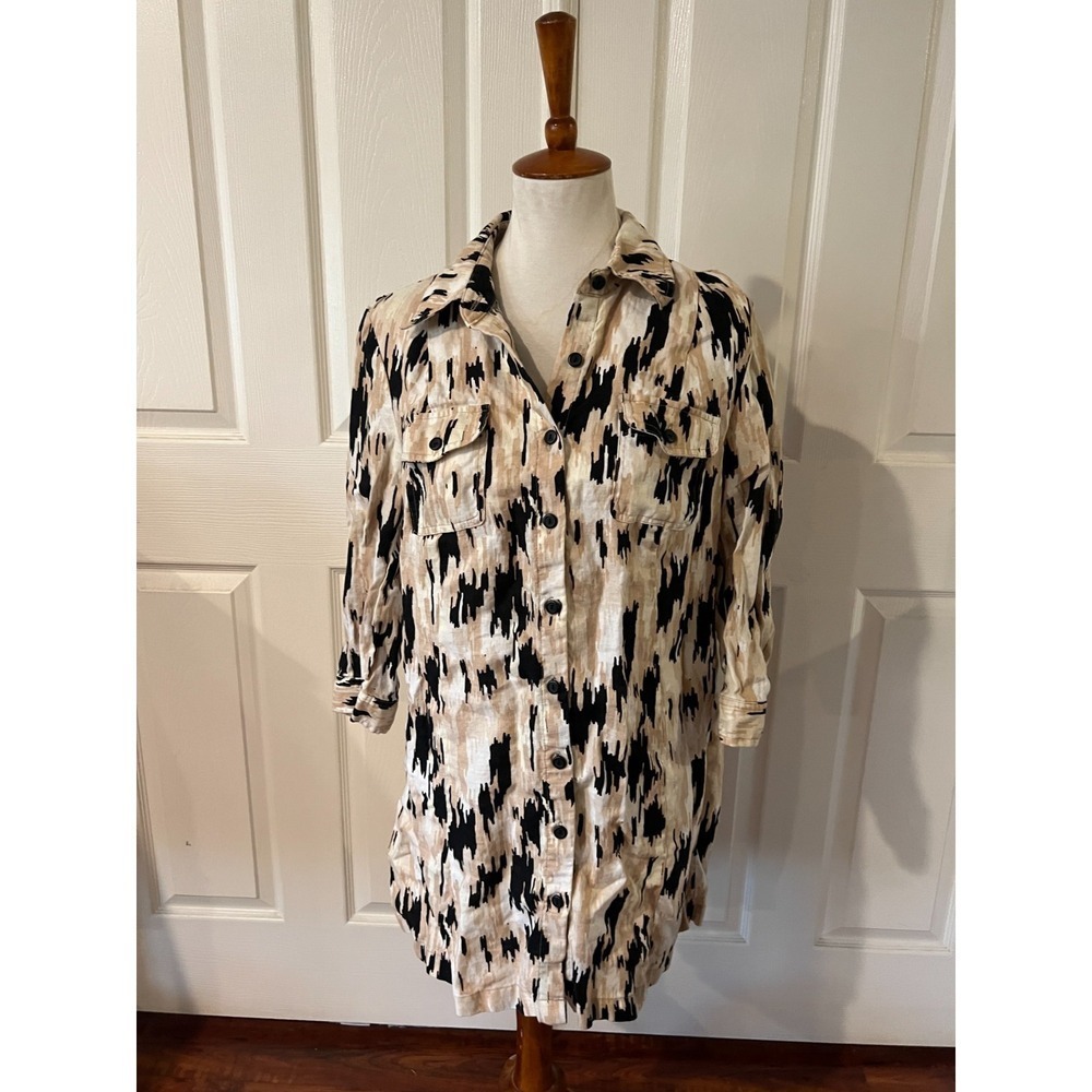Style Co Womens Abstract 100% Linen Button Up Tunic Top Plus Sz 14 Lagenlook